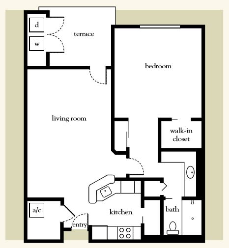 A floor plan of a one-bedroom apartment featuring a living room, kitchen, bathroom, walk-in closet, and terrace.