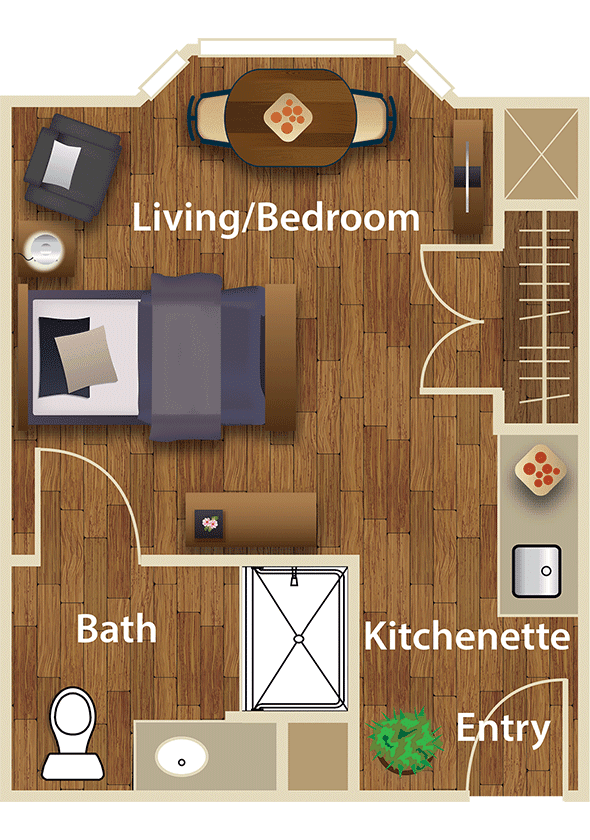 Floor plan of a studio apartment featuring a combined living and bedroom area, a bathroom, and a kitchenette.