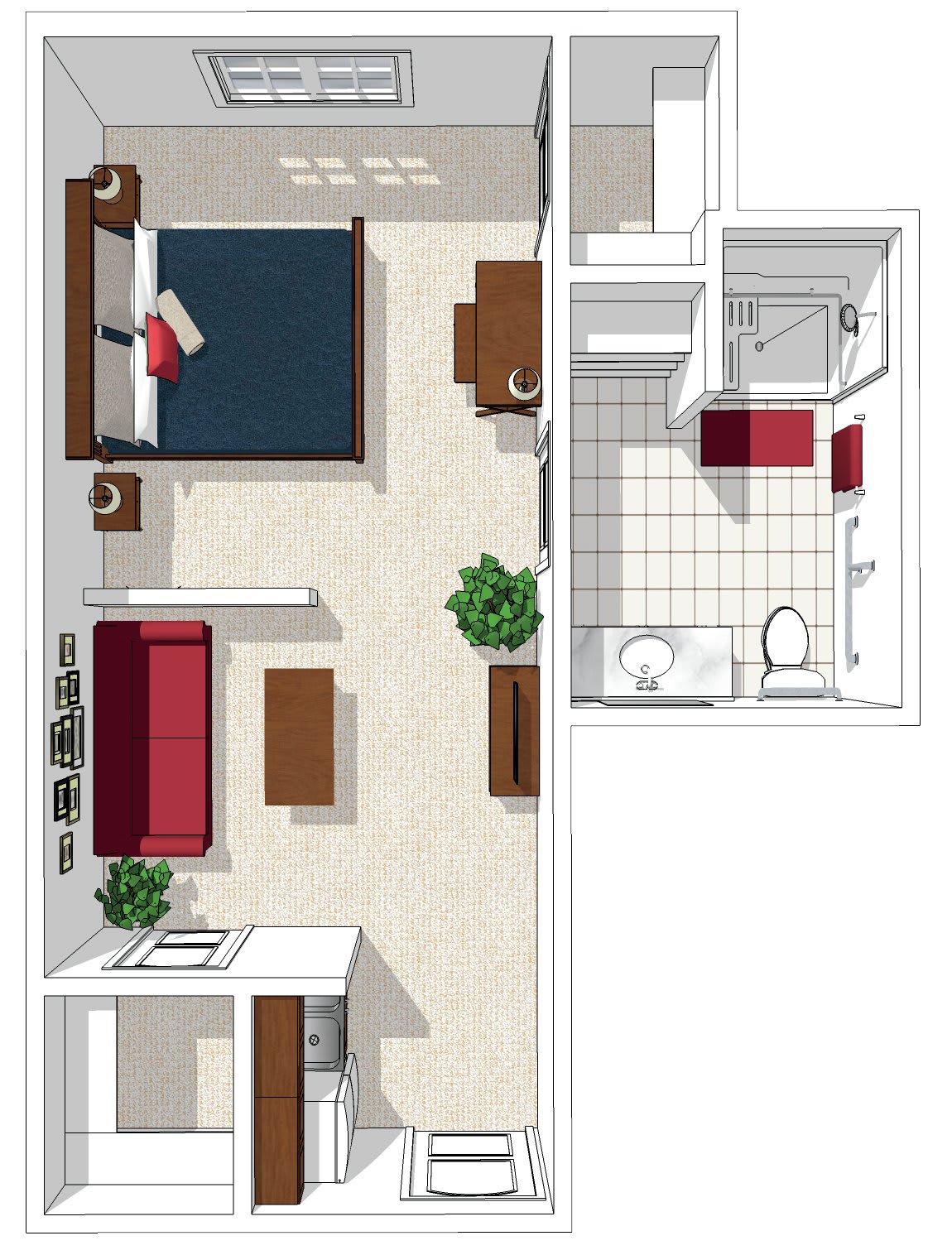 A floor plan of a small apartment featuring a bedroom, living room, and bathroom.