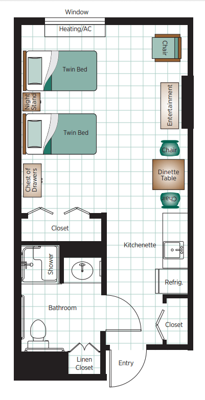 A compact floor plan of a small apartment featuring a twin bed, kitchenette, and bathroom.