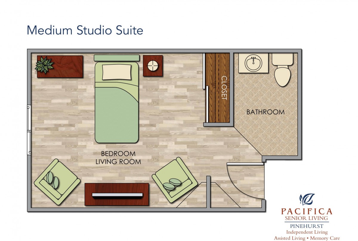 Floor plan of a Premium Studio Suite with a bedroom, living area, and bathroom.