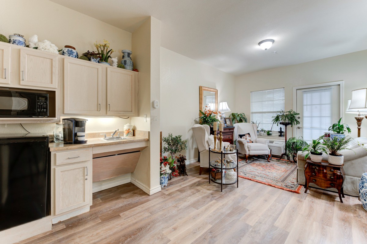 A cozy living space featuring a small kitchen area, comfortable seating, and various indoor plants on wood flooring.