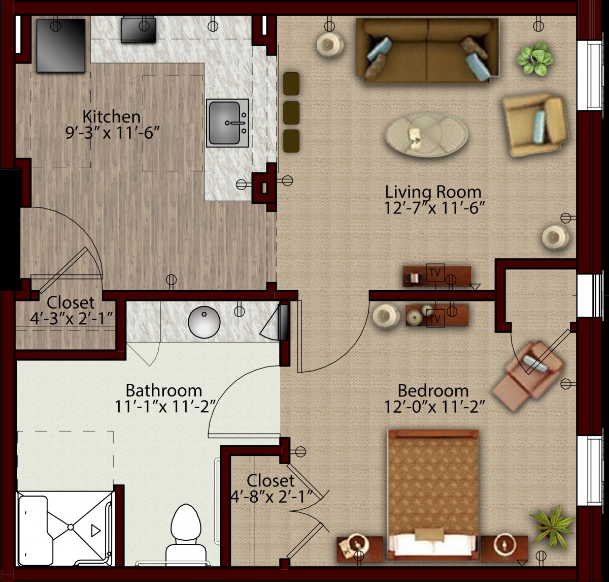 A detailed floor plan of an apartment featuring a kitchen, living room, bedroom, and bathroom with specific room dimensions.