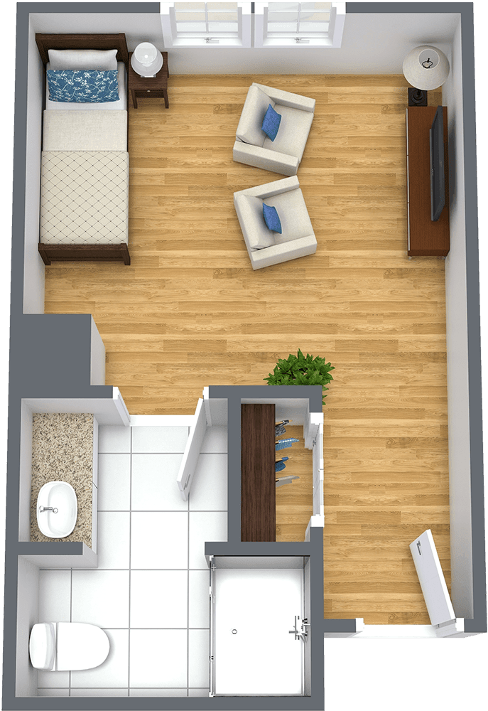 This is a top-down view of a compact apartment layout, showing the arrangement of a living room, bedroom, and bathroom.