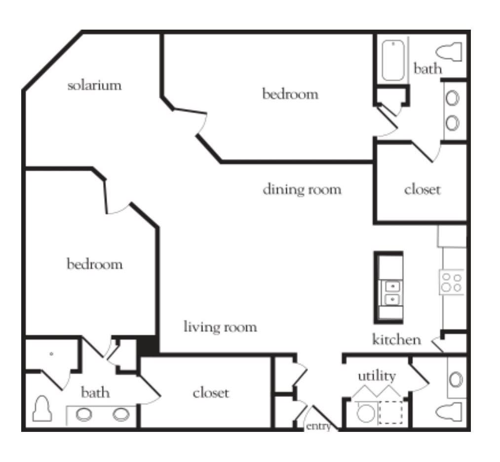 An architectural floor plan of an apartment featuring two bedrooms, two bathrooms, a kitchen, living room, dining room, and closet spaces.
