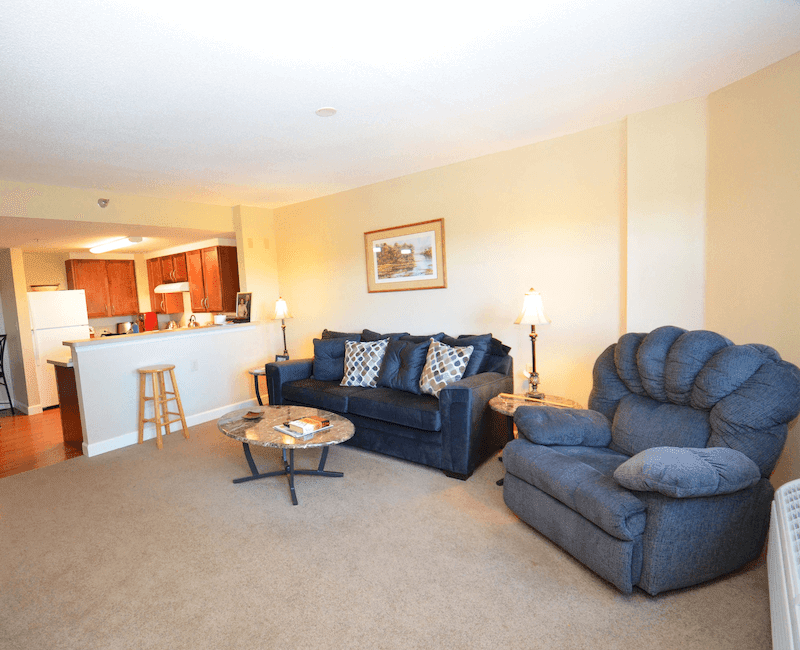 A cozy living room with a sofa, armchair, and coffee table adjacent to an open concept kitchen.