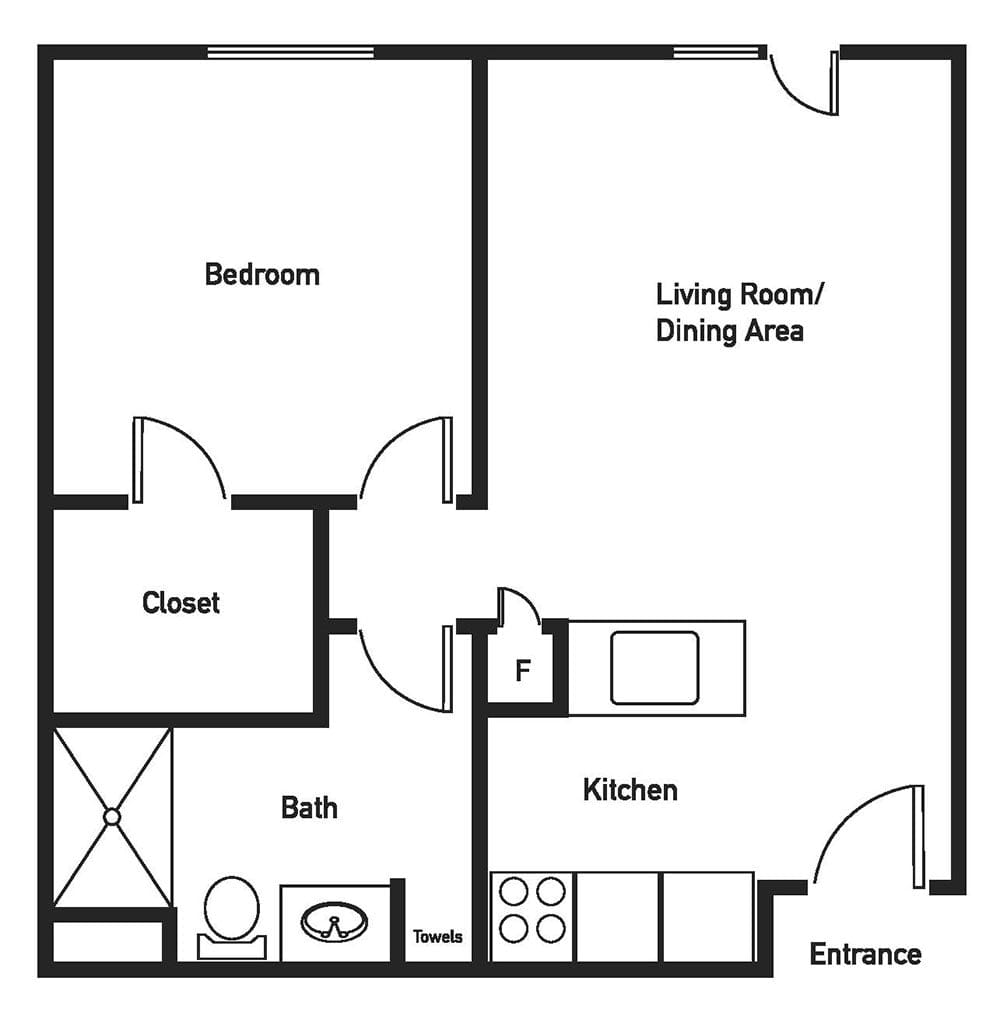 A floor plan of a one-bedroom apartment featuring a bedroom, living/dining area, kitchen, bathroom, and closet.