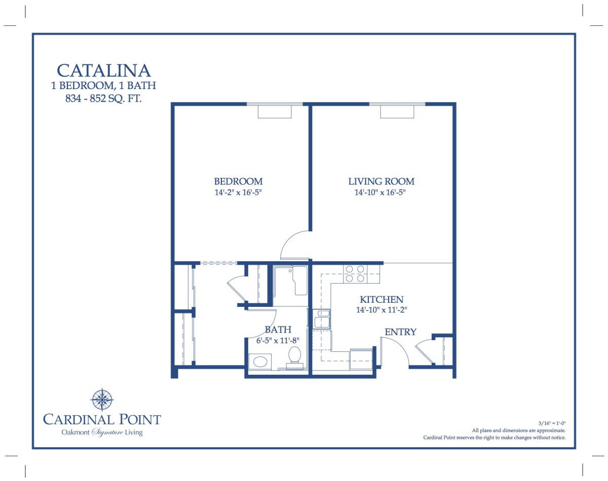 Catalina one-bedroom apartment floor plan with a living room, kitchen, and bathroom.