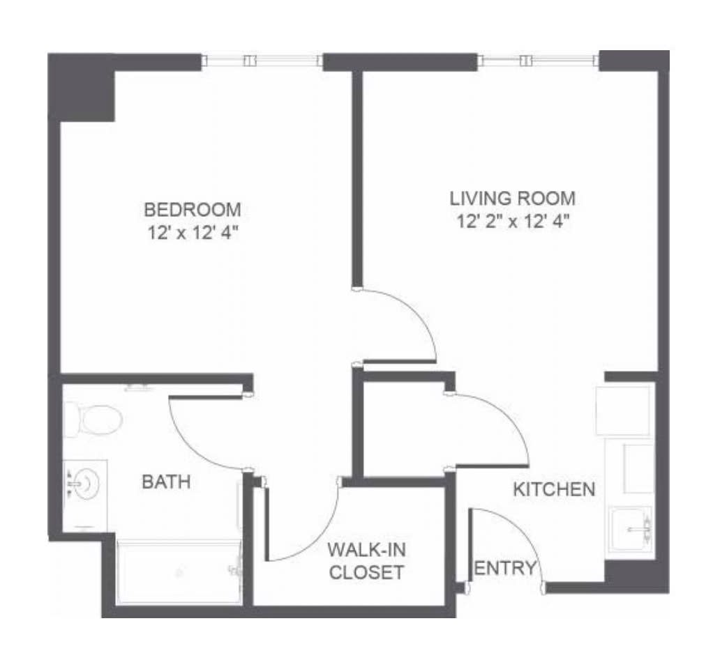 One-bedroom apartment floor plan with living room, kitchen, bathroom, and walk-in closet.
