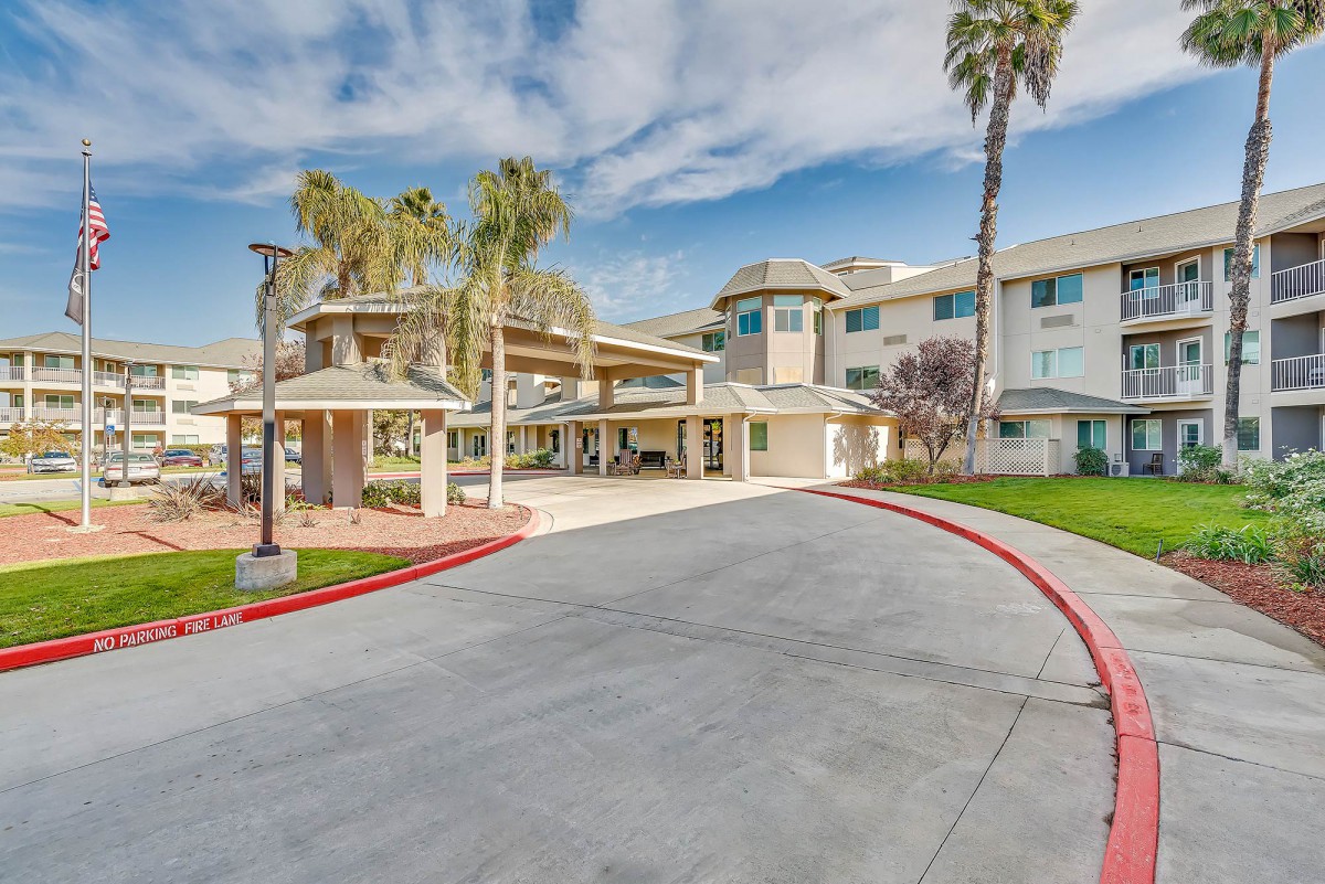 A modern building entrance with palm trees and a curved driveway under a blue sky.
