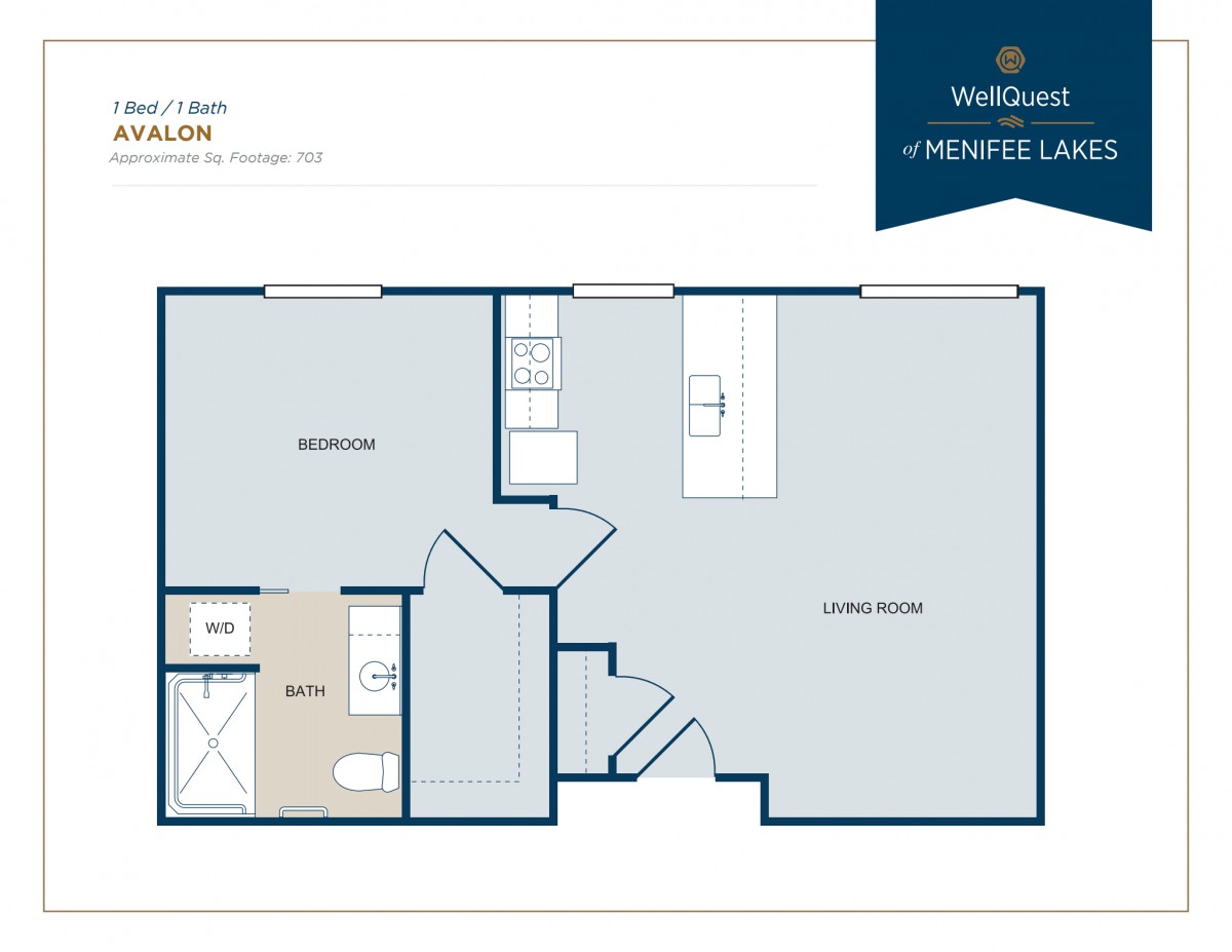 Floor plan of a one-bedroom apartment with living room, kitchen, and bathroom.