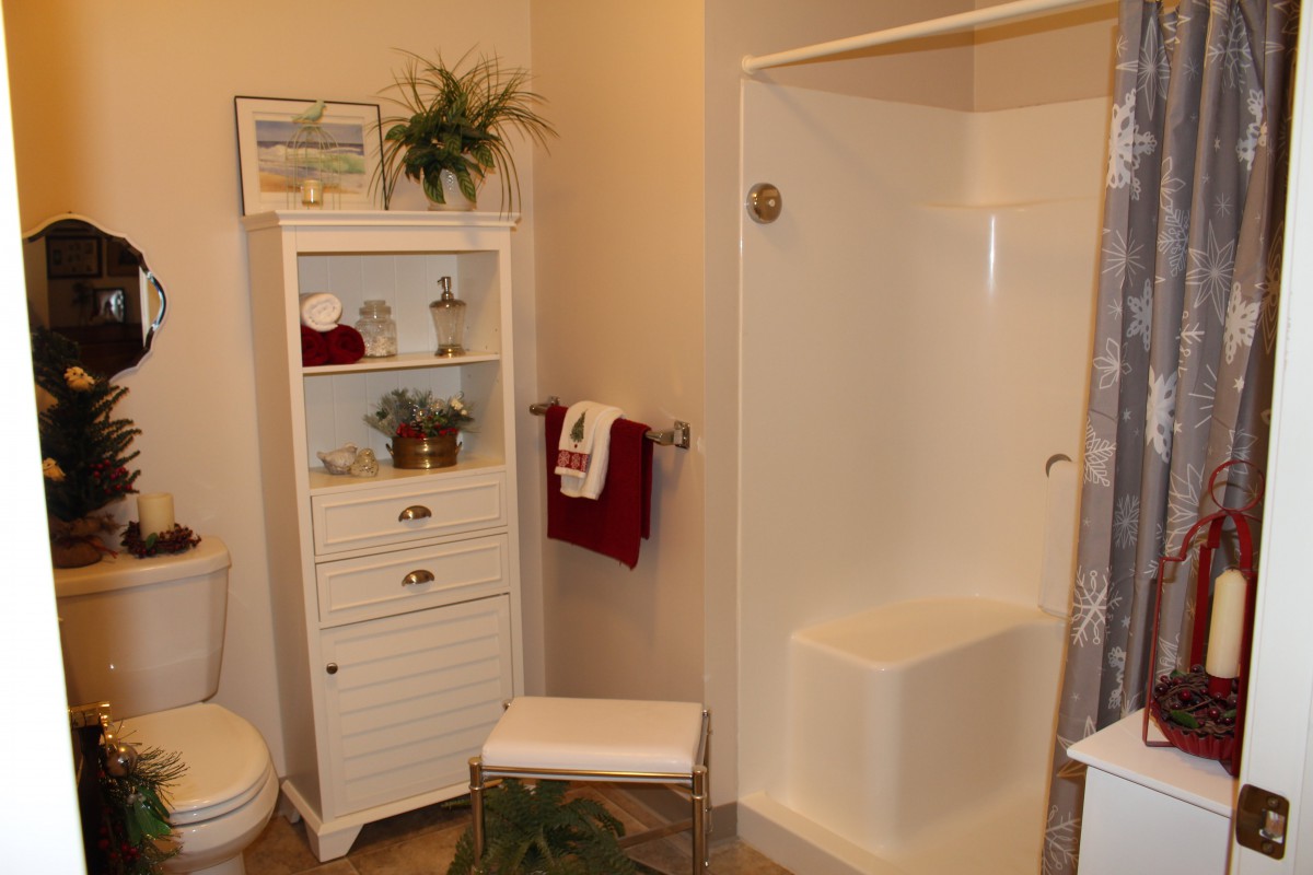 A neatly organized bathroom featuring a shower, white cabinet, and decorative accents.