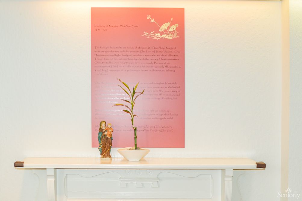A display featuring a potted plant and a colorful sign with text.