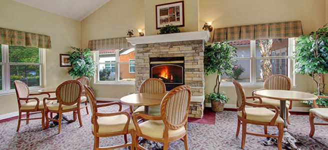 A cozy living room with a stone fireplace, table and chairs, and indoor plants.