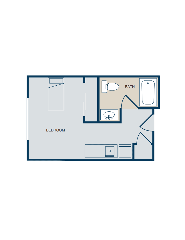 A simple floor plan of a studio apartment with a combined bedroom and living area, a kitchen, and a bathroom.