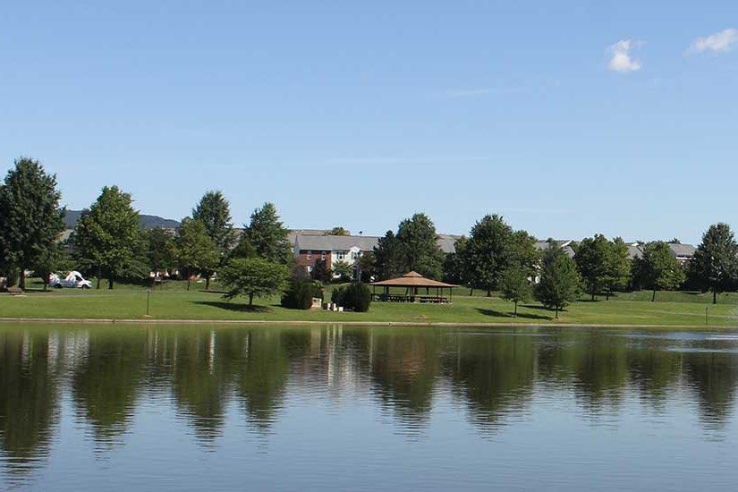 A serene park setting with a lake reflecting surrounding trees and a distant building.