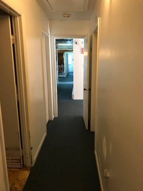 A narrow hallway with doors on either side and a carpeted floor.