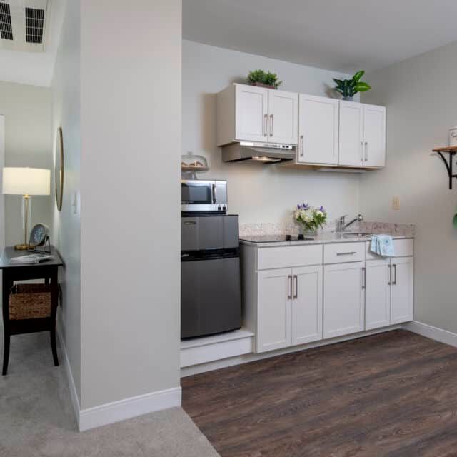A modern kitchen area featuring white cabinets, appliances, and decorative plants.