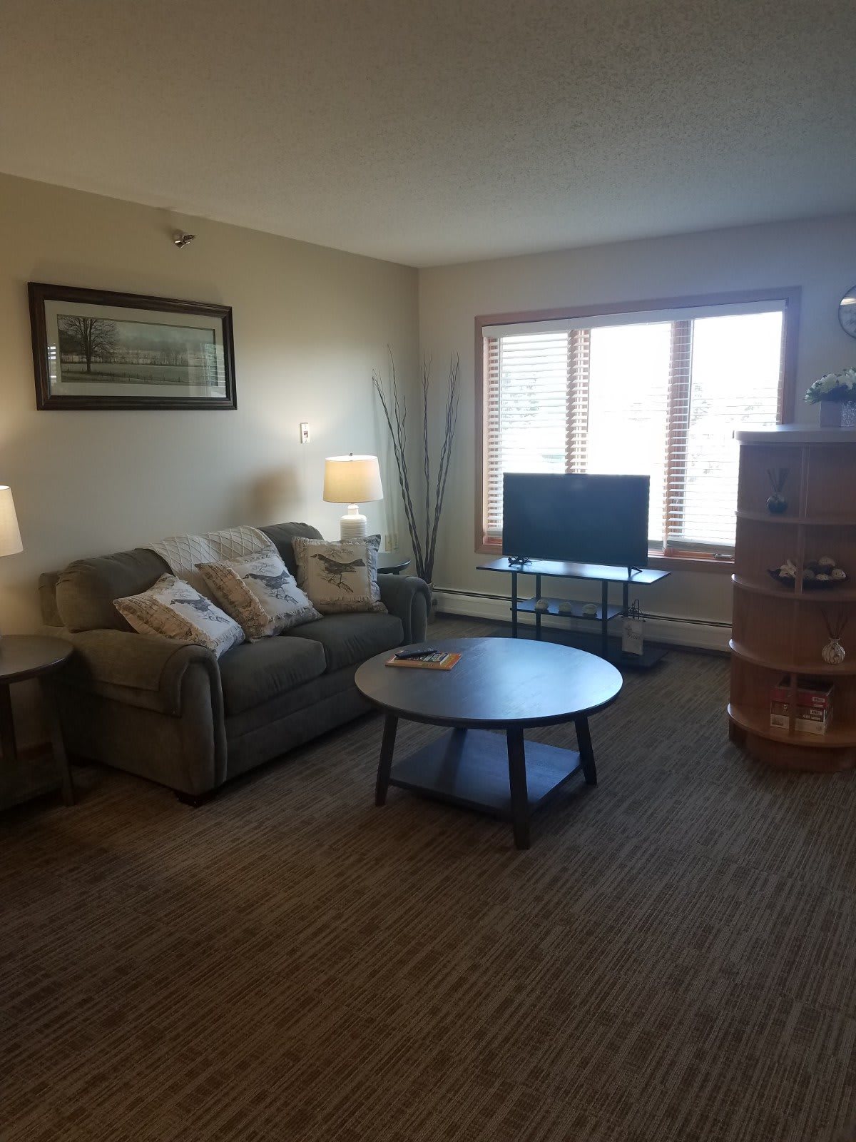 A cozy living room with a sofa, coffee table, TV, and lamps by the window.