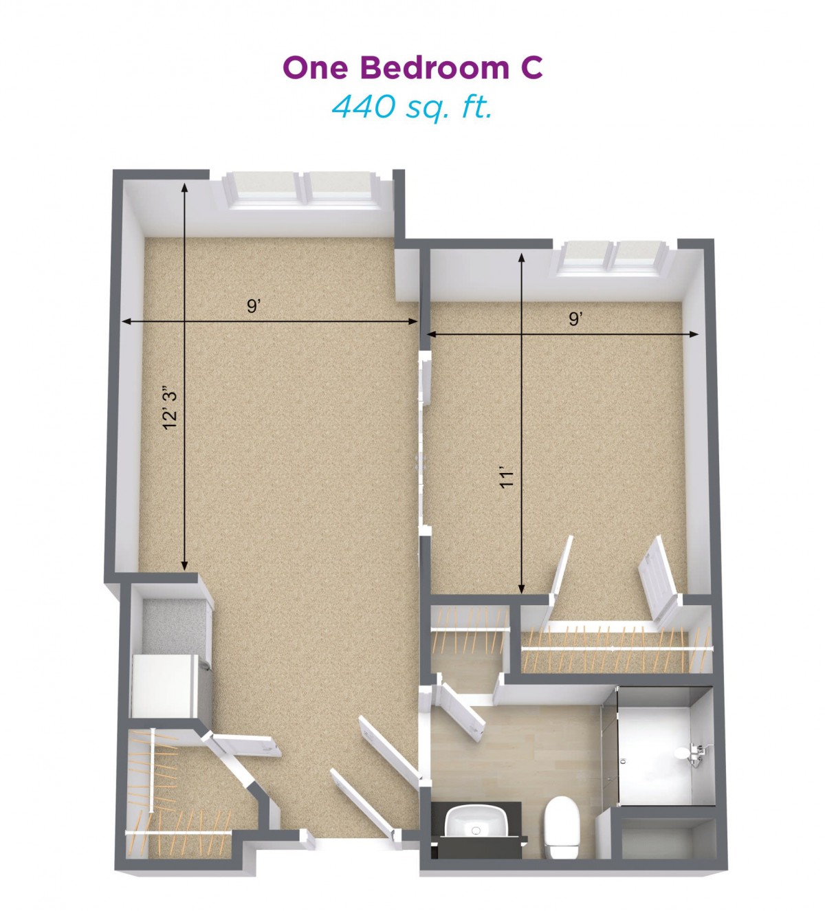 3D floor plan of a one-bedroom apartment, covering an area of 640 square feet.