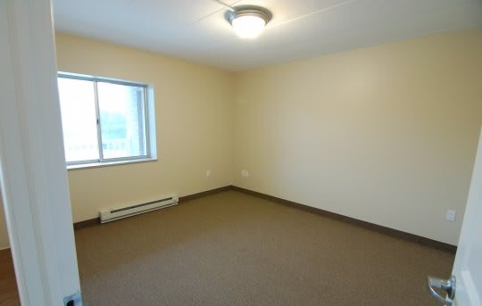 An empty room with beige walls, a carpeted floor, and a window letting in natural light.