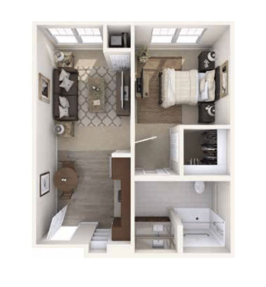 A 3D floor plan of a compact one-bedroom apartment featuring a living room, kitchen, and bathroom.