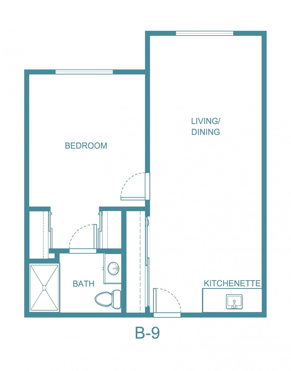 This is a floor plan of a one-bedroom apartment featuring a kitchenette, living/dining area, and a bathroom.