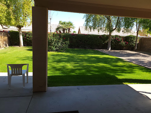 A sunny view of a lush green lawn from a patio.