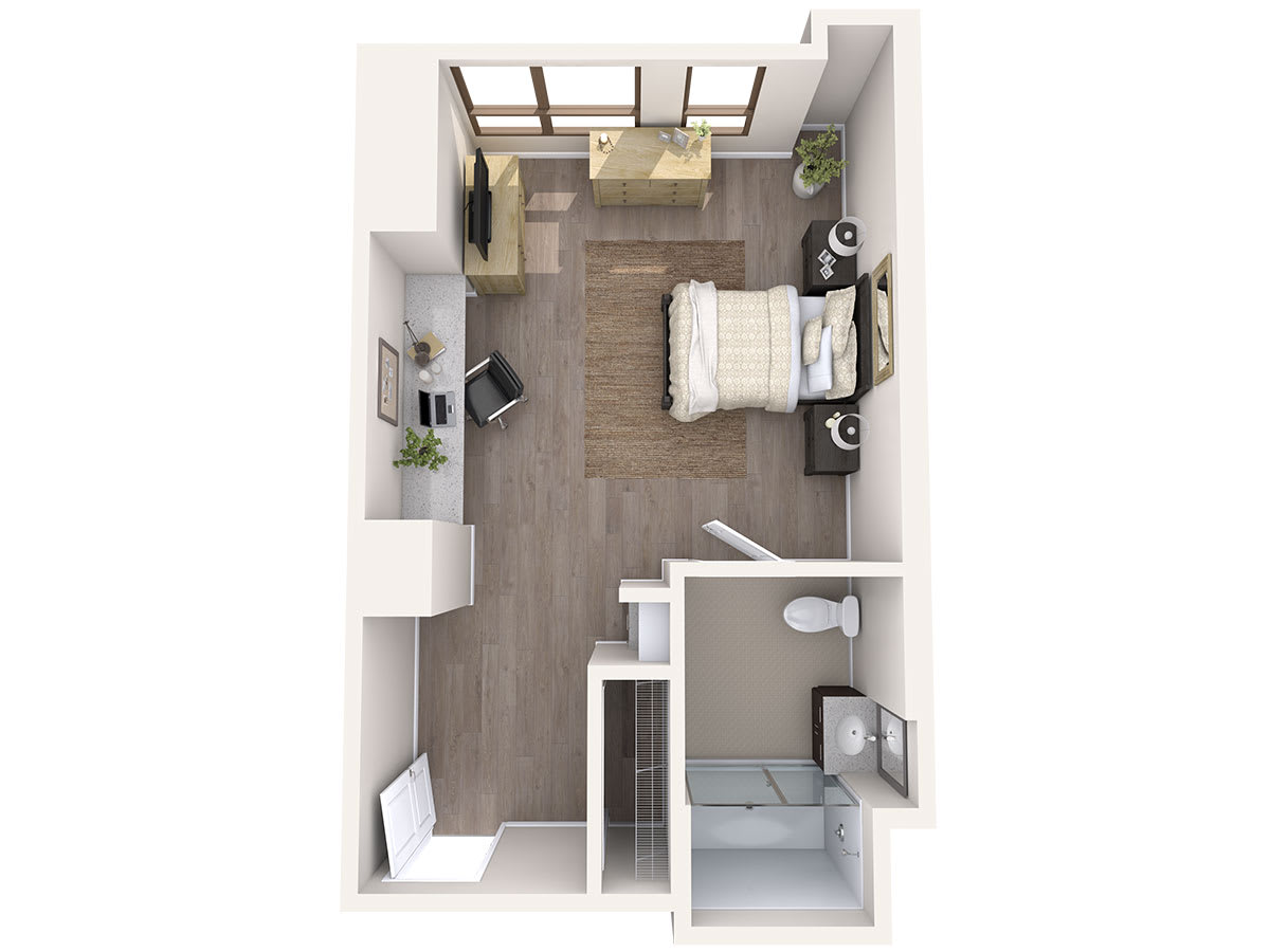 A top-down view of a compact studio apartment floor plan with a bedroom and attached bathroom.