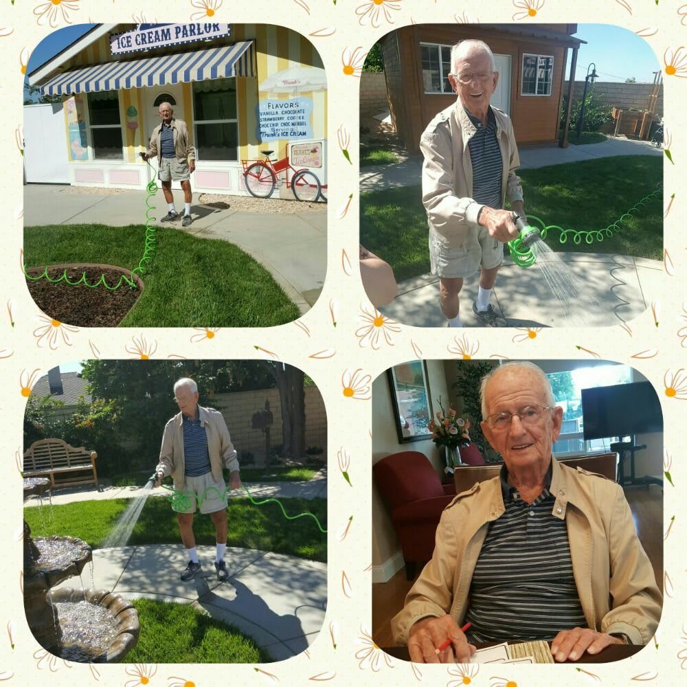 An elderly man enjoys a sunny day by watering his garden, later relaxing indoors.