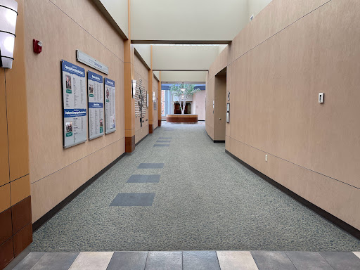 A spacious hallway with a well-lit pathway leading to an open area.