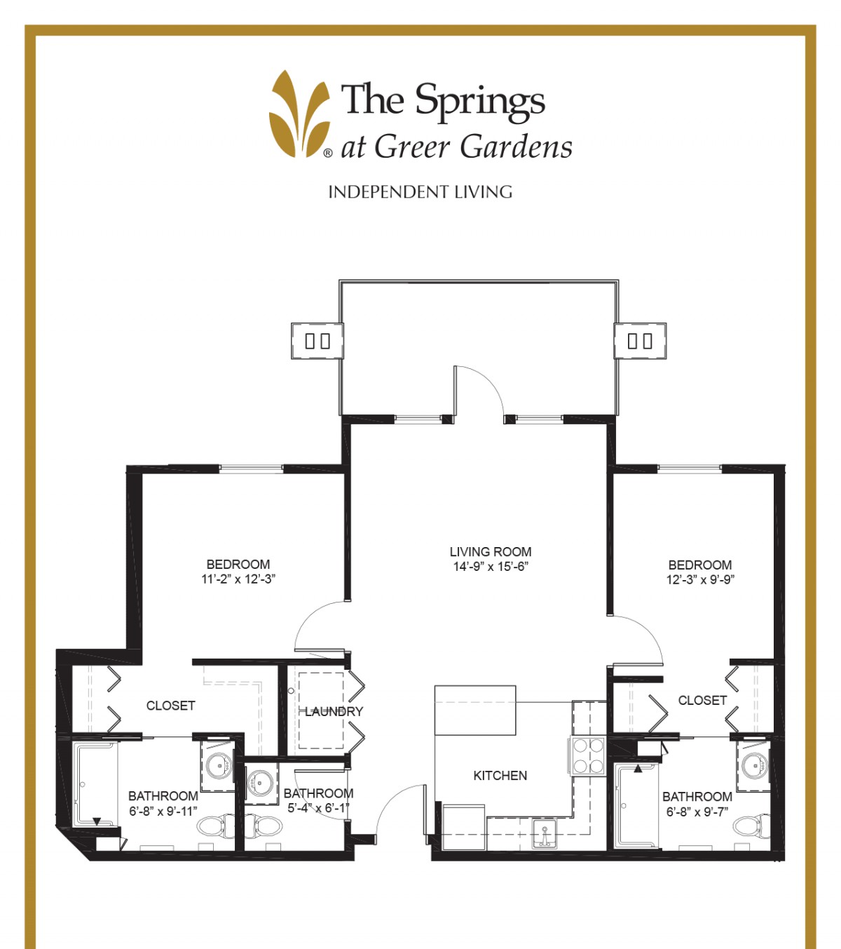 A detailed floor plan of a two-bedroom apartment at The Springs at Greer Gardens.