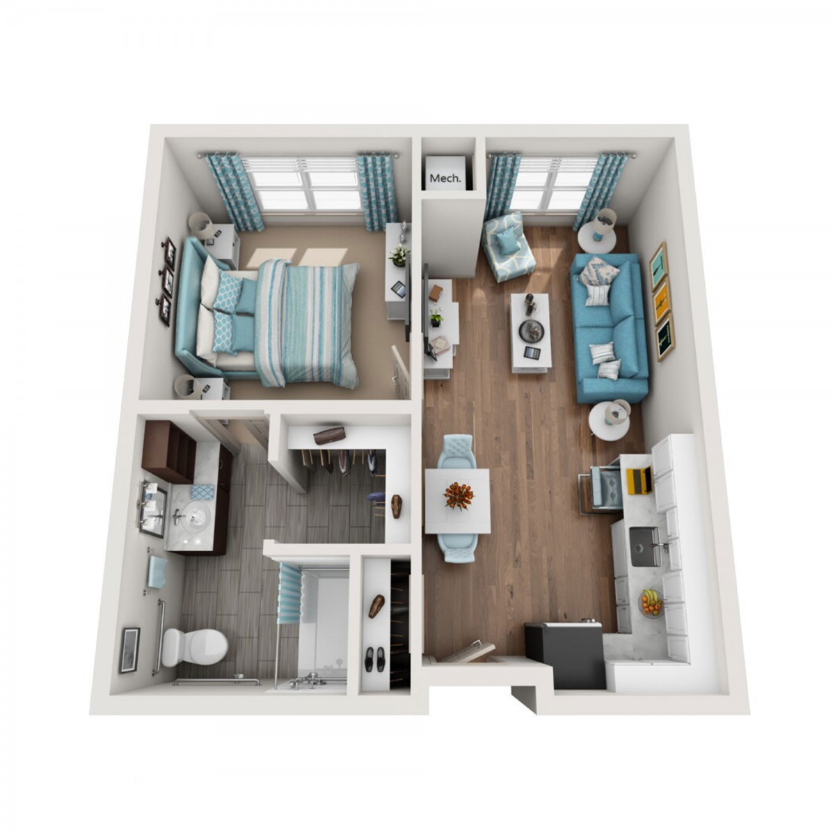3D floor plan of a one-bedroom apartment showcasing modern interior design.