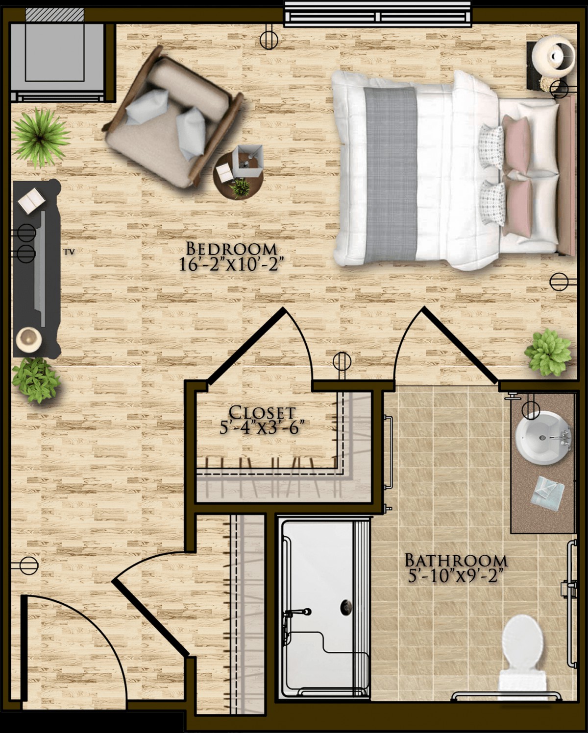 This image displays a detailed floor plan of an apartment featuring a bedroom, bathroom, and living room.