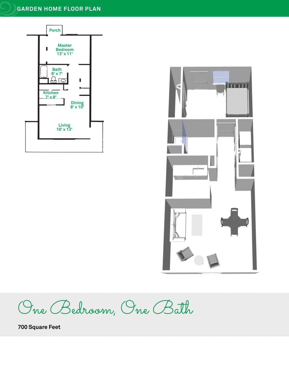 One Bedroom, One Bath Apartment Floor Plan
