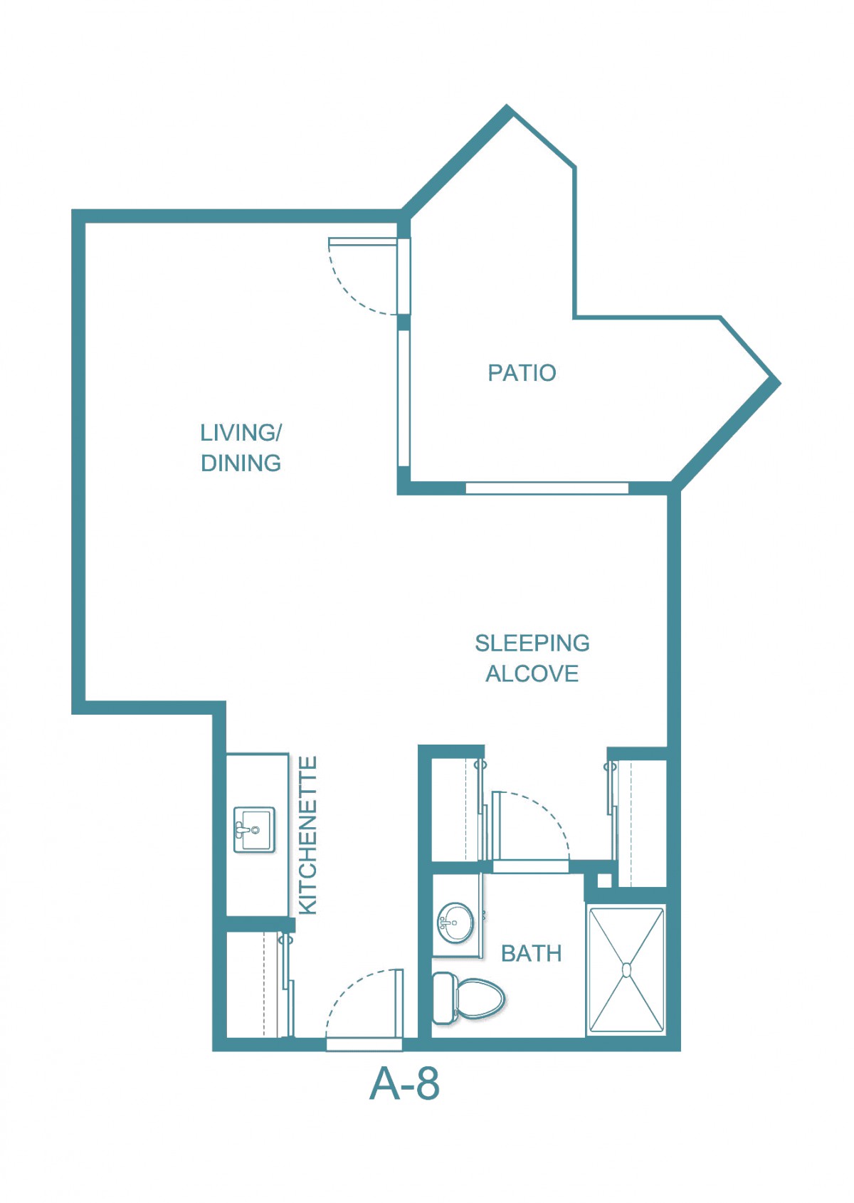 A floor plan of a one-bedroom apartment featuring a living/dining area, kitchenette, sleeping alcove, bathroom, and patio.