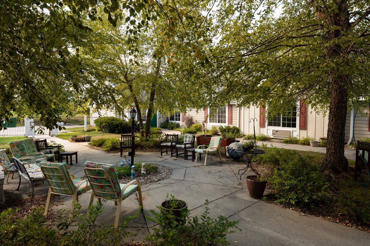 A tranquil garden patio with seating under leafy trees.