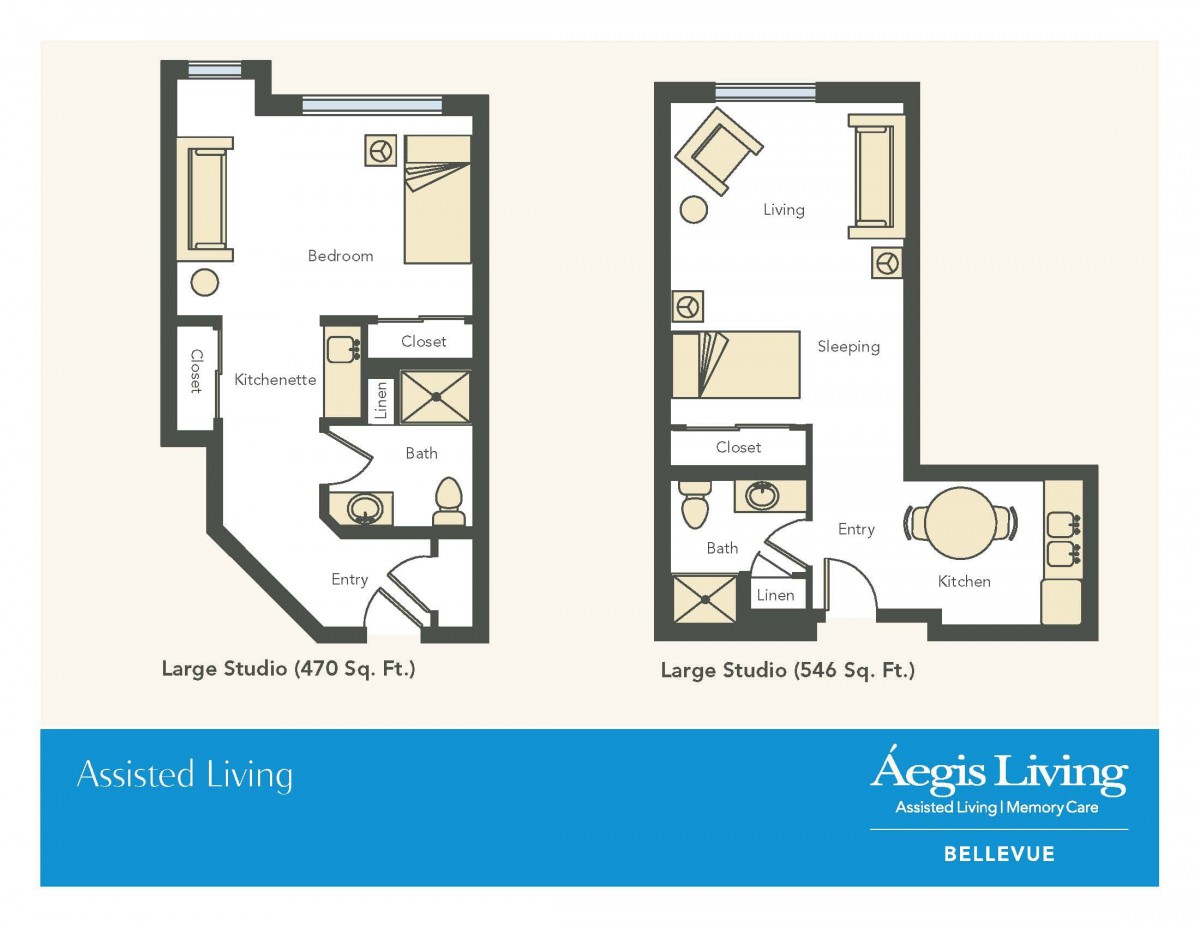 Large studio apartment floor plans with different layouts.