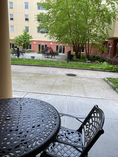 A quiet courtyard scene featuring a table and chairs surrounded by greenery and nearby buildings.