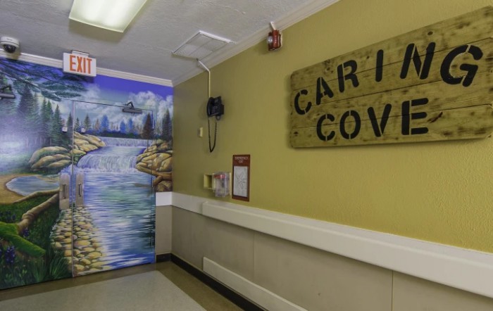 A hospital hallway featuring a 'Care Cove' sign and a scenic mural on the wall.