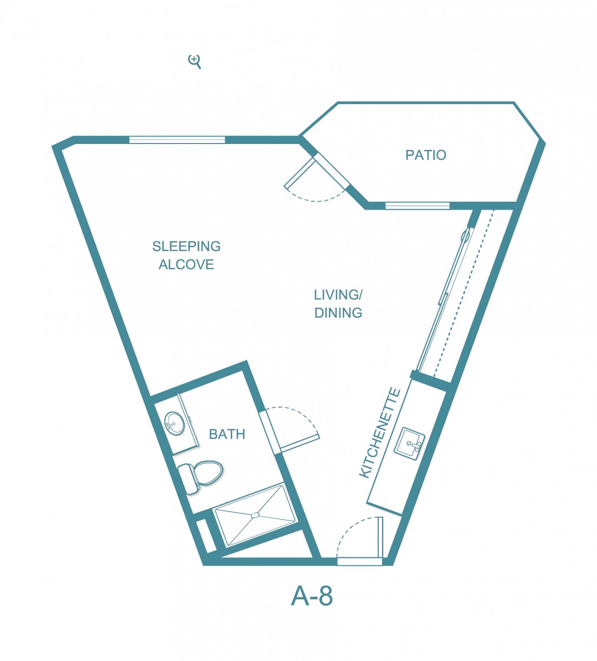 A floor plan of a studio apartment featuring a sleeping alcove, living/dining area, kitchen, bathroom, and balcony.