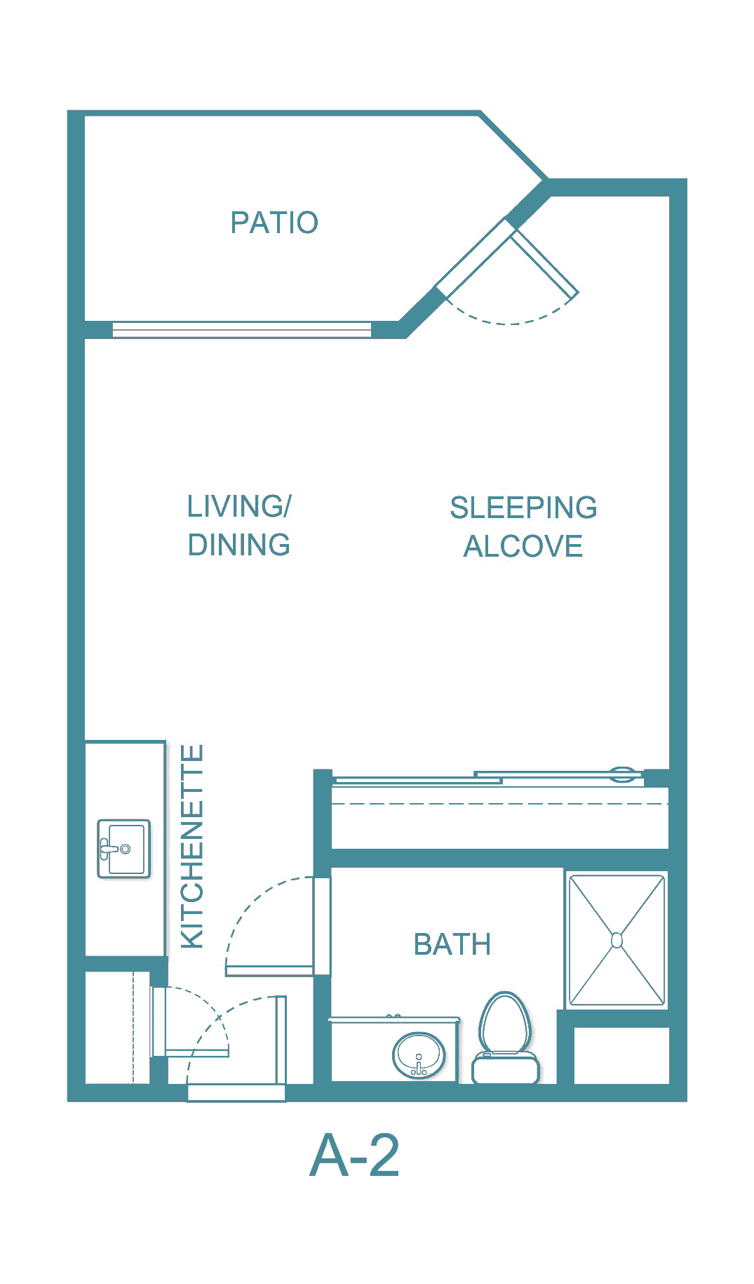 A floor plan of a studio apartment featuring a living/dining area, sleeping alcove, kitchenette, and bathroom.