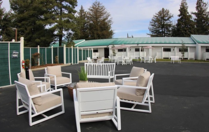 An outdoor seating area with white chairs and a table set on a patio, surrounded by trees and adjacent to a building.