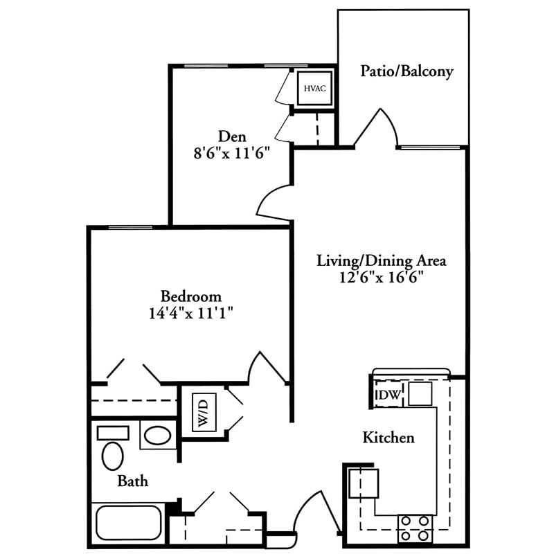 A detailed floor plan of a one-bedroom apartment with a den, kitchen, living/dining area, and patio balcony.