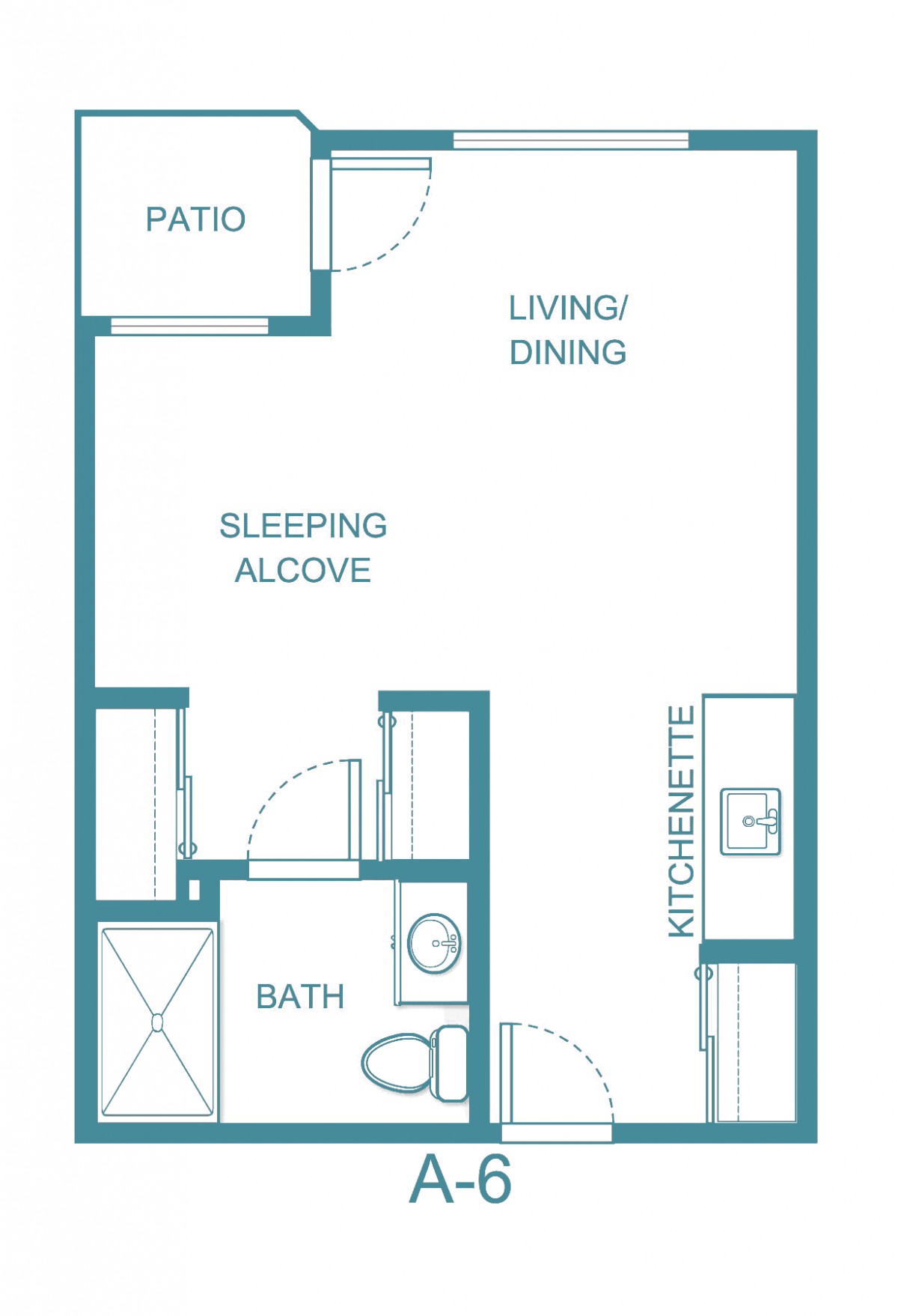 Studio apartment floor plan with sleeping alcove and patio.