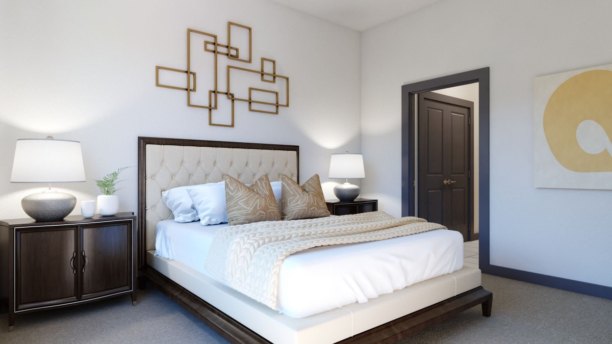 A modern and elegantly designed bedroom with stylish decor and furnishings.