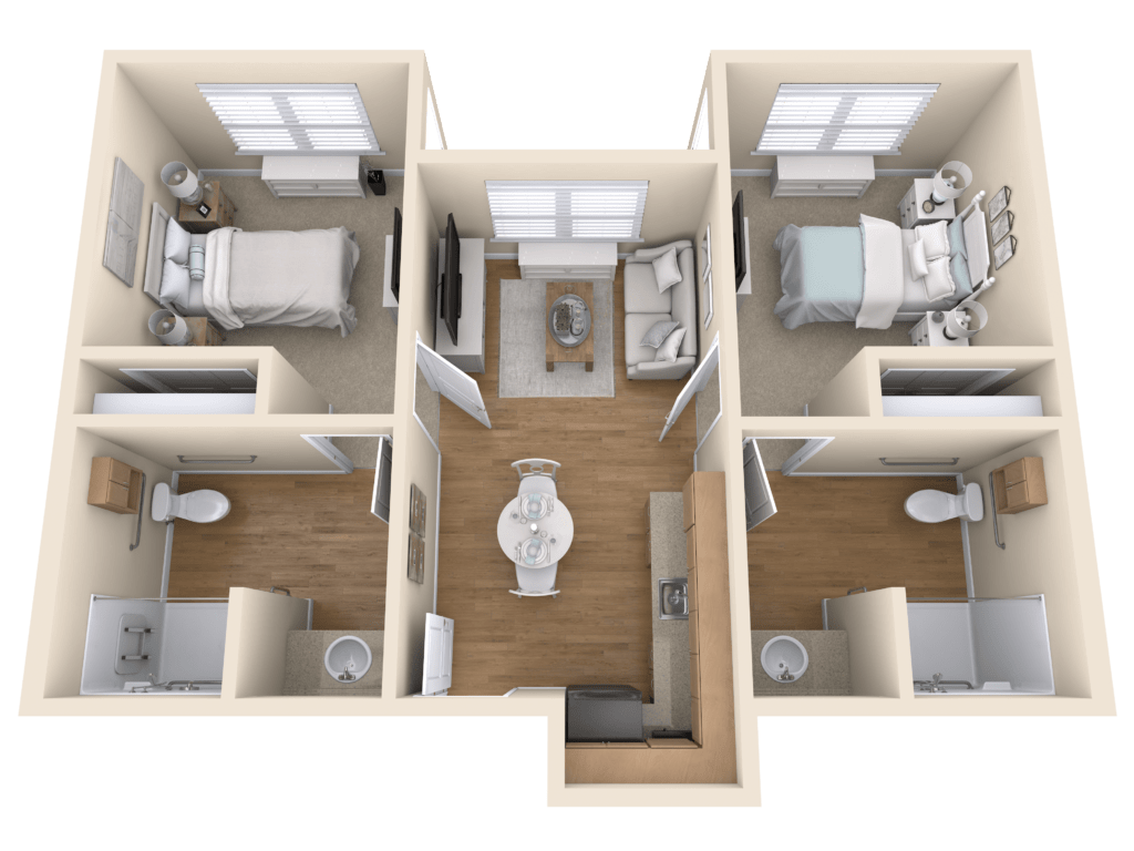 3D floor plan of a two-bedroom apartment with a central living area and bathrooms.