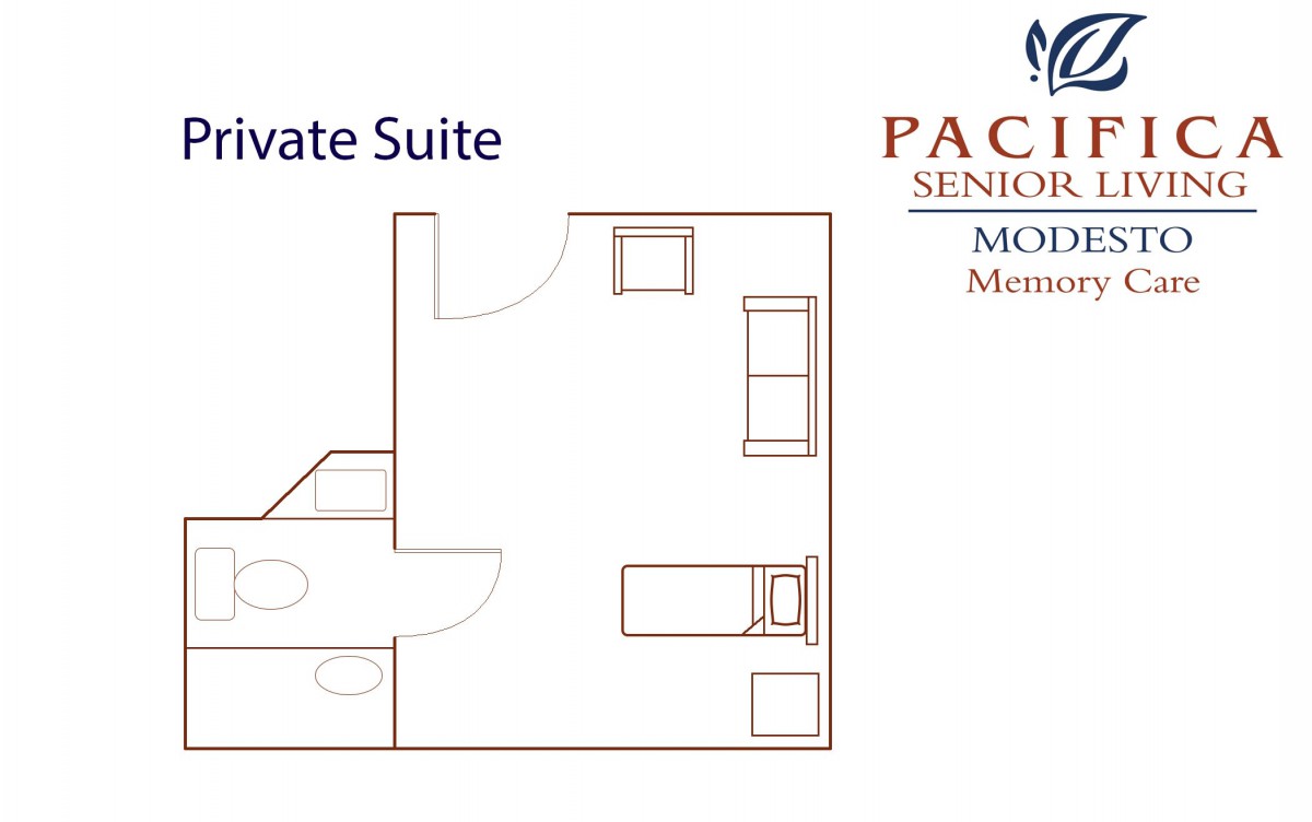 Floor plan of a private suite at Pacifica Senior Living in Moreno Valley.