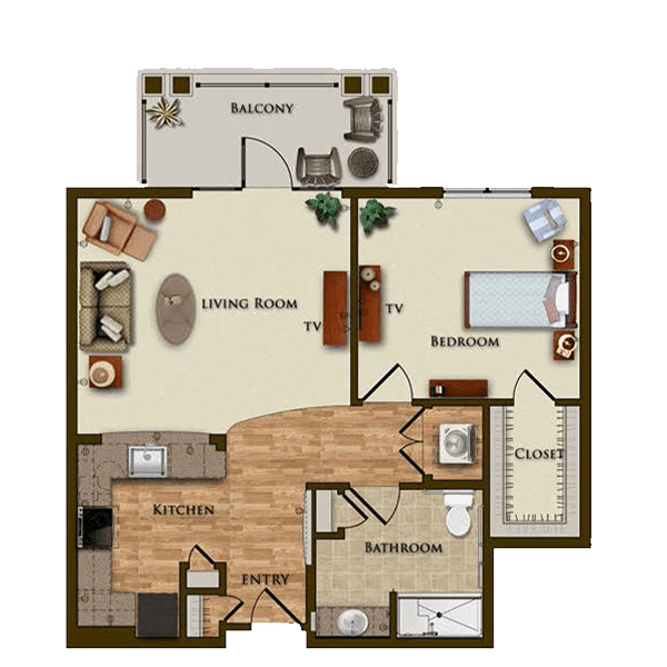A detailed floor plan of a one-bedroom apartment featuring a living room, kitchen, bedroom, bathroom, and balcony.