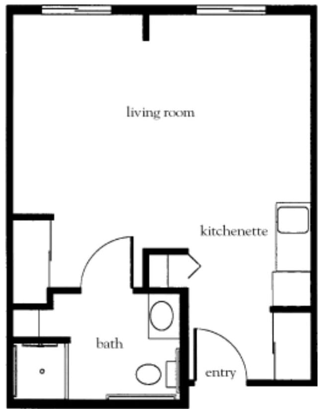 A simple floor plan of a studio apartment featuring a living room, kitchenette, and bathroom.